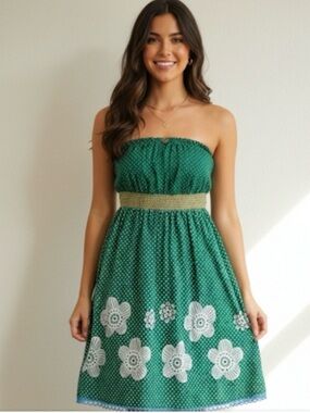 My Michelle Green Polka Dot Midi Dress with White Floral Border